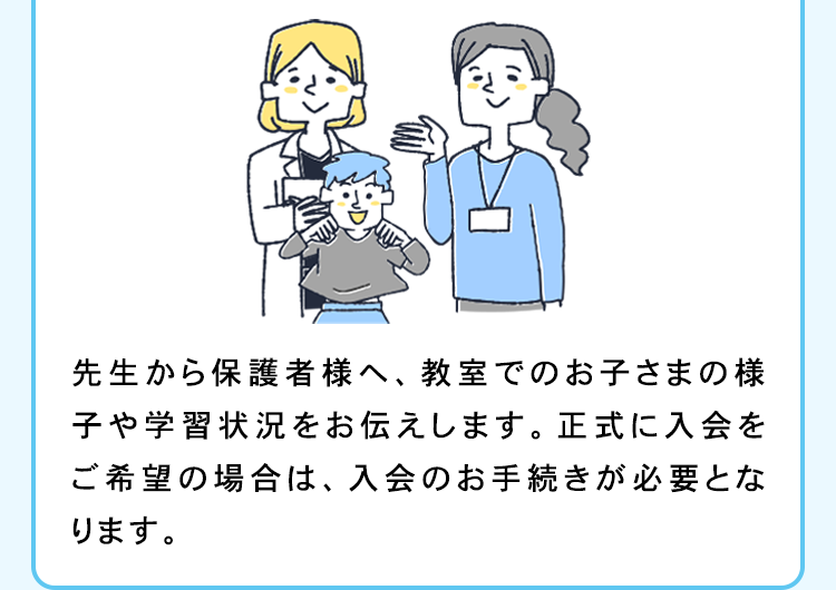 先生から保護者様へ、 教室でのお子さまの様
子や学習状況をお伝えします。 正式に入会を
ご希望の場合は、 入会のお手続きが必要とな
ります。