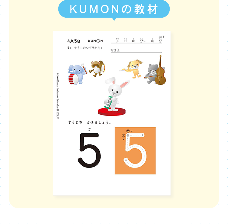 KUMONの教材
4A5
ずう
4A5a
KUMON
月
B
分
1. すうじのなぞりがき
なまえ
2008 Kumon Institute of EducationJP 2008JP
すうじをかきましょう。
55