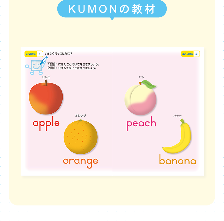 KUMONの教材
3A (まね) 1 すきなくだものはなに?
Y自にほんごとえいごをききましょう。
2回目 リズムでえいごをききましょう。
りんご
もも
3A(まね)2
apple
オレンジ
orange
peach
バナナ
banana