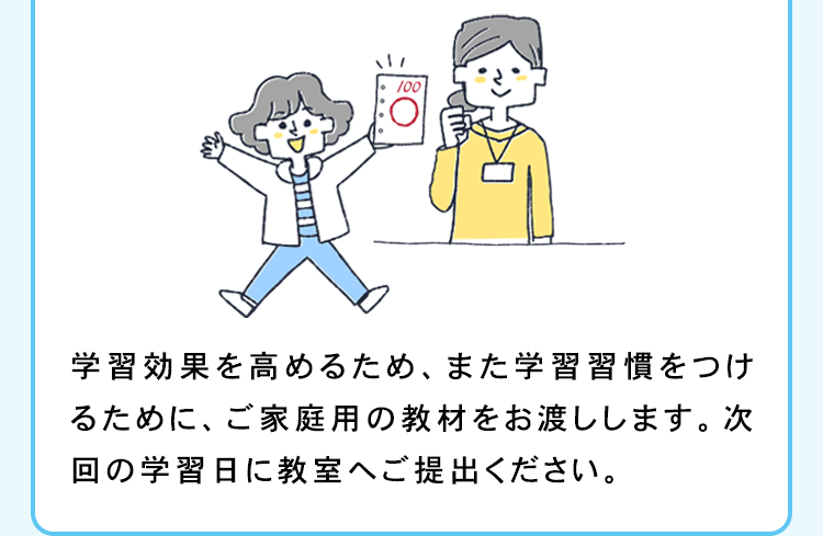 100
学習効果を高めるため、 また学習習慣をつけ
るために、 ご家庭用の教材をお渡しします。 次
回の学習日に教室へご提出ください。
